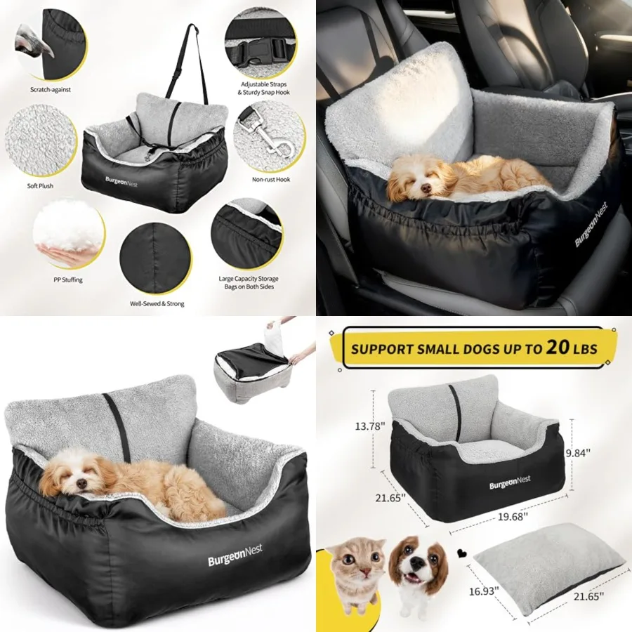 

Dog Car Seat for Dogs, Soft Pet Car Travel Home Bed Under 25 lbs, Fully Detachable and Washable Cat Booster Carseats with Stora