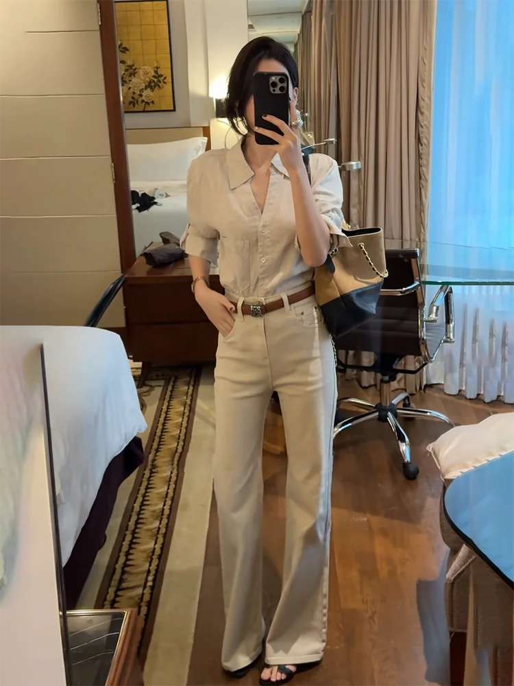 

Slimming High Waist Straight Leg Bell Bottoms Women's Jeans Retro Vintage Light Khaki Stretchy Casual High Intelligence Fashion