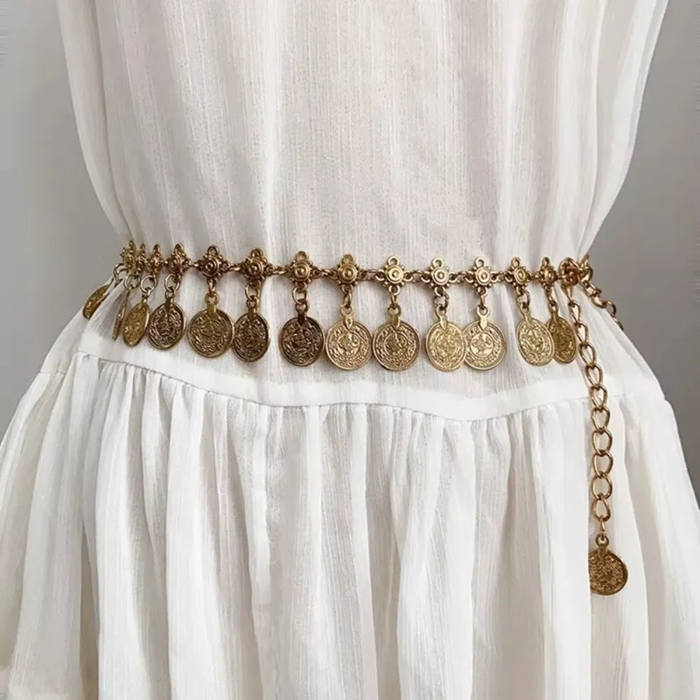 سلسلة بطن معدنية كلاسيكية فاخرة يهز العملات المعدنية الذهبية/الفضية حزام الخصر شرابات تصميم سلسلة الجسم للنساء