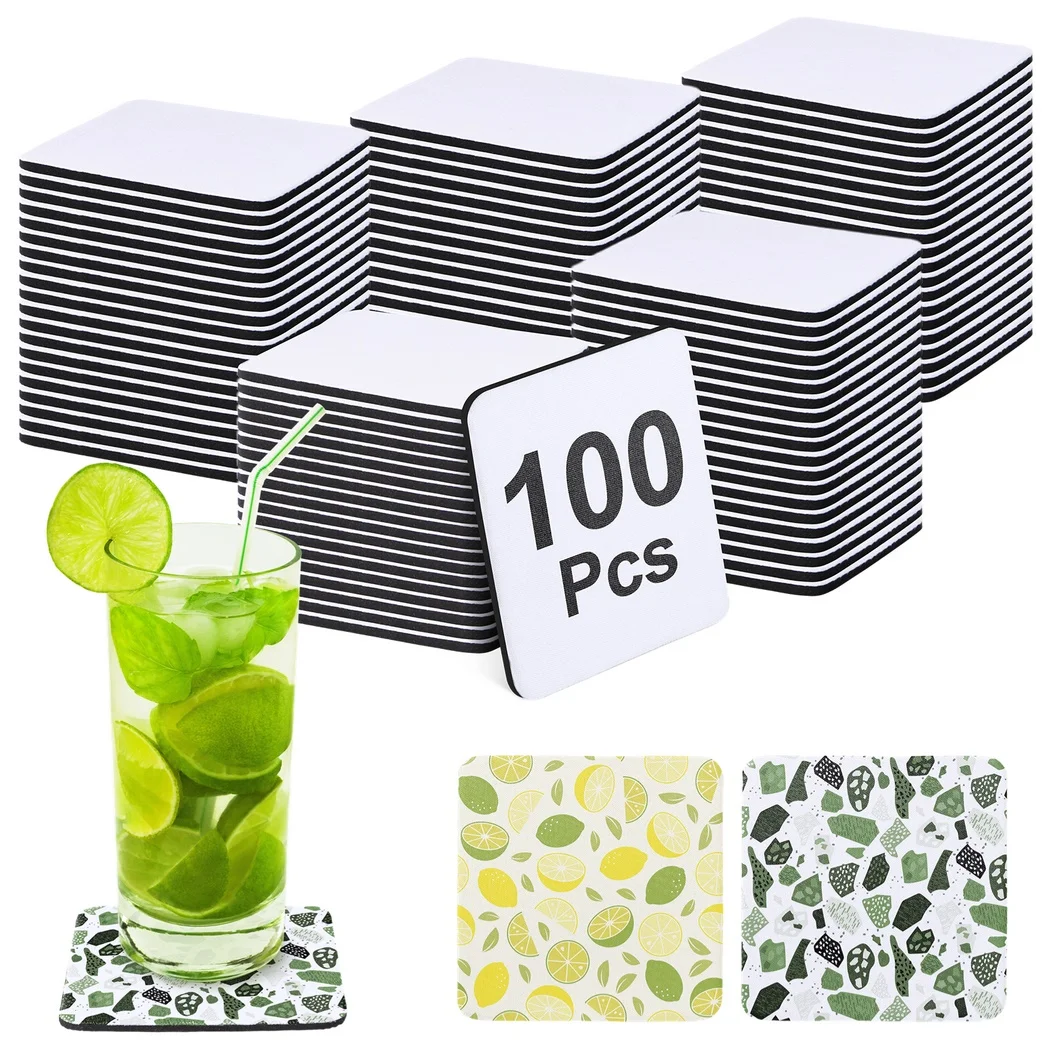 100Pcs Sublimation Coasters Square Blank Cup Mats Non-Slip DIY Blank Coasters Sublimation Transfer Heat Press Printing Crafts