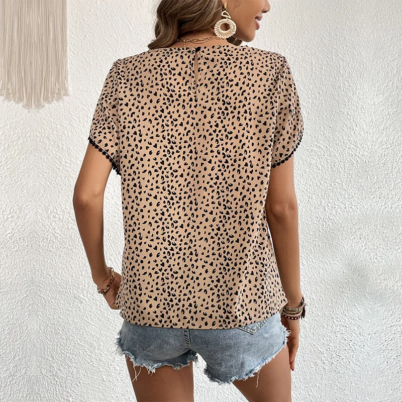JFUNCY Women's Summer Blouse 2023 New Leopard Elegant Blouses Woman Shirts Short Sleeve Female Tops Fashion Women Clothes
