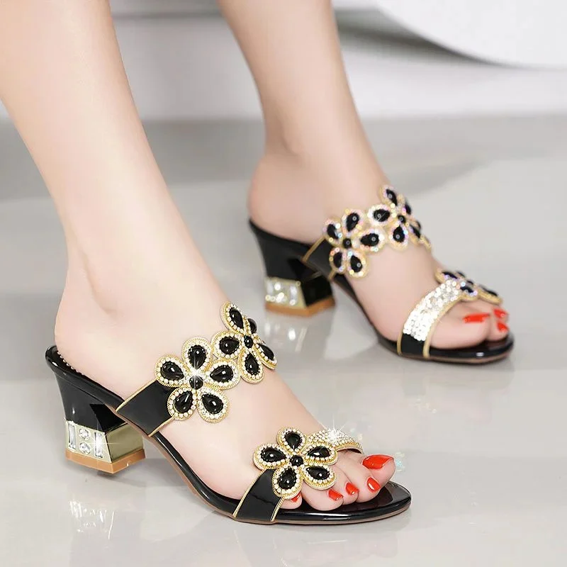 2024 New Summer Glitter Women Sandals  Fashion Outdoor Peep Toe Casual Beach Slippers Thick Heel Slip on Rhinestone Sandals