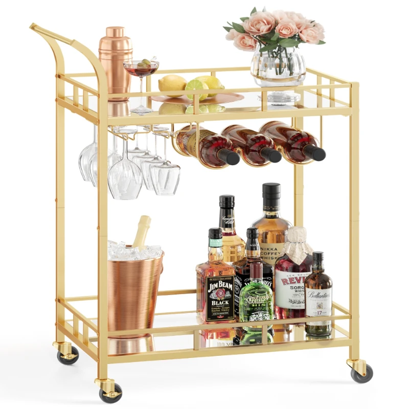Gold Kitchen Cart Service Cart with 2 Frames Wine Rack Glass Rack Home Bar Service Cart