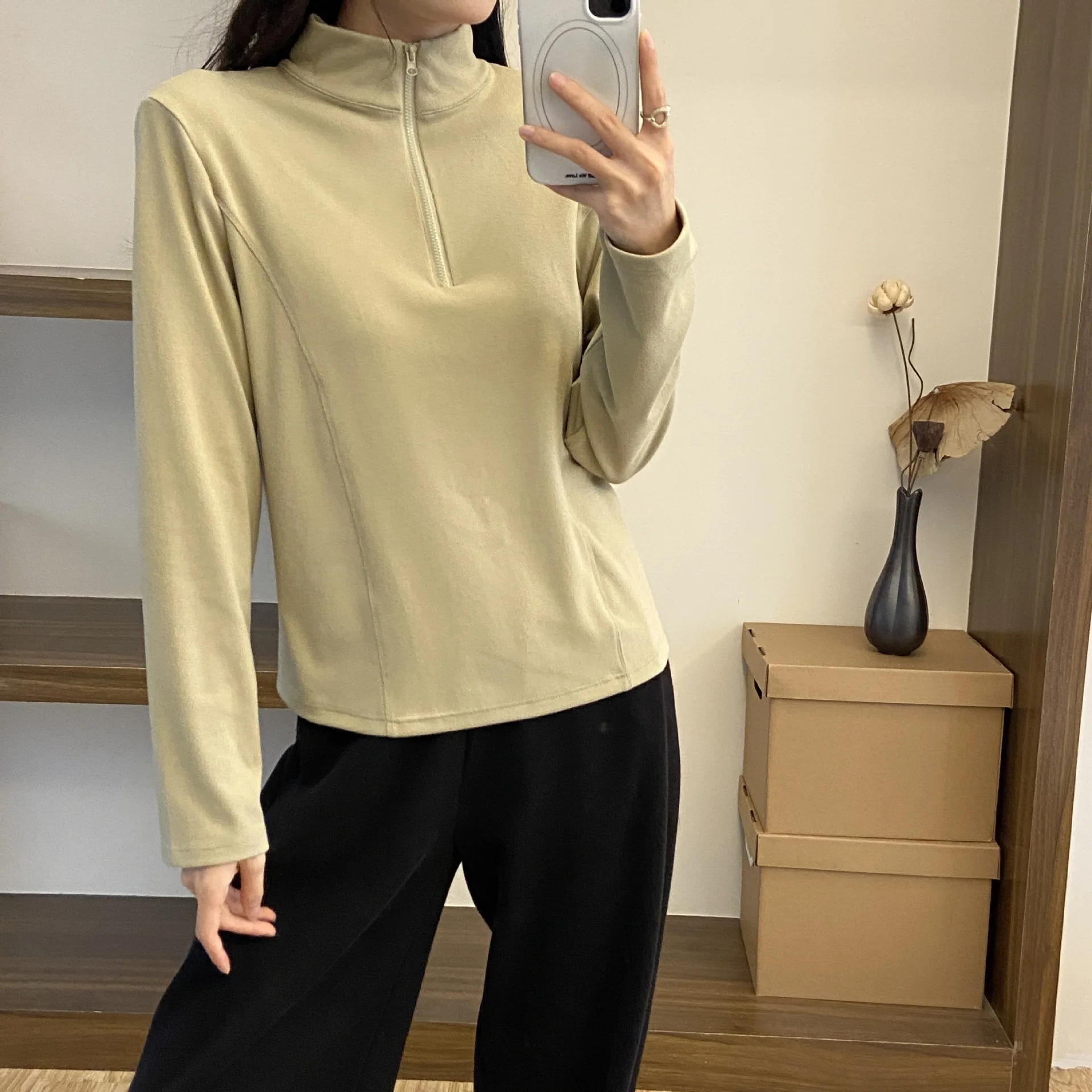 Autumn New Loose Plus Size Women's Small Stand Up Collar with Zipper Inside Solid Color Long Sleeved Sweatshirt 2025 Base Shir