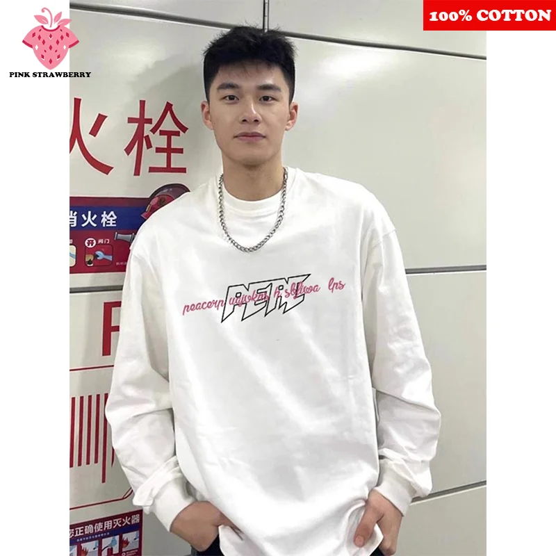 

American Street Letter Print T-shirt Men Autumn 2025 New 100% Cotton Loose Oversize White Long sleeves Tee Top Y2k Male clothing