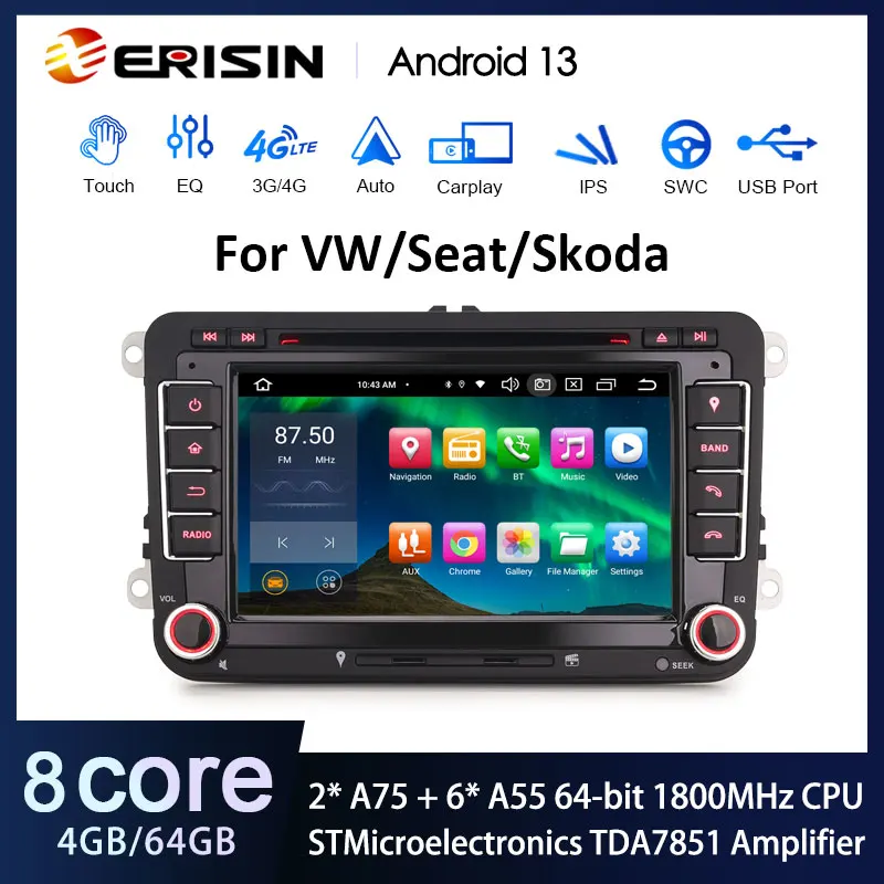 Erisin ES8548V 8-Core Android 13.0 Autoradio GPS Wireless CarPlay Auto Stereo SWC For VW Passat Polo Golf Jetta Tiguan T5 Beetle