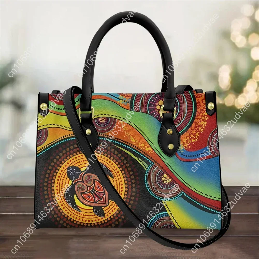 2021 Stylish PU Leather Top Handle Bags Women Australian Pattern Aboriginal Green Turtle Print Shoulder Handbags Crossbody Purse