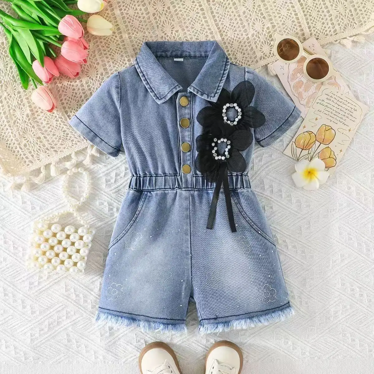 

2026 New Girls' Denim jumpsuit Children's Short Sleeved Waist Cinched Pearl Flower Girls' Work Pants