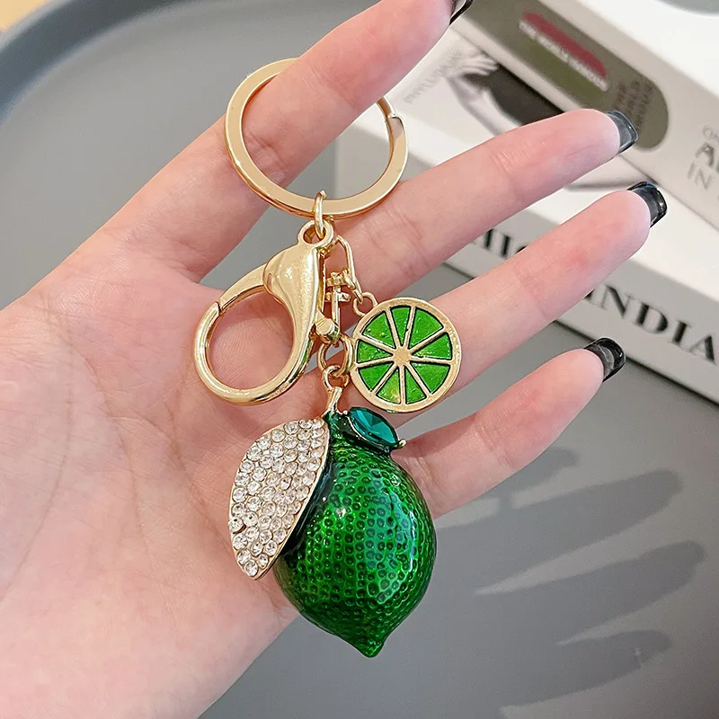 Trendy Design Creative Artificial Fruit Cute Rhinestone Little Lemon Car Keychain Women's Bag Pendant Keychain Ring Cartoon Gift