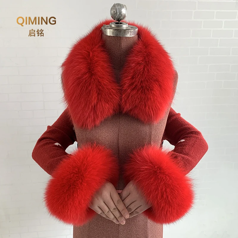 Real Fur Collar Fur Cuffs Set Winter Fox Fur Scarf Neck Warmer Women Coat Decoration Natural Scarves Luxury Thick Shawls Wraps