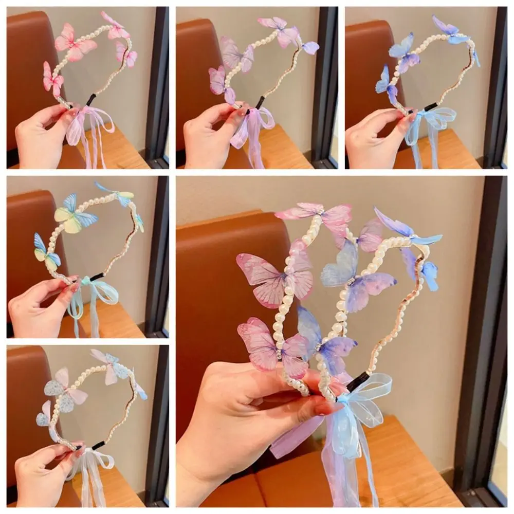 Korean Style Butterfly Ribbon Hairband 3D Gradient Color Moving Wings Hair Hoop Head Wear Hair Clip Children Pearl Headband