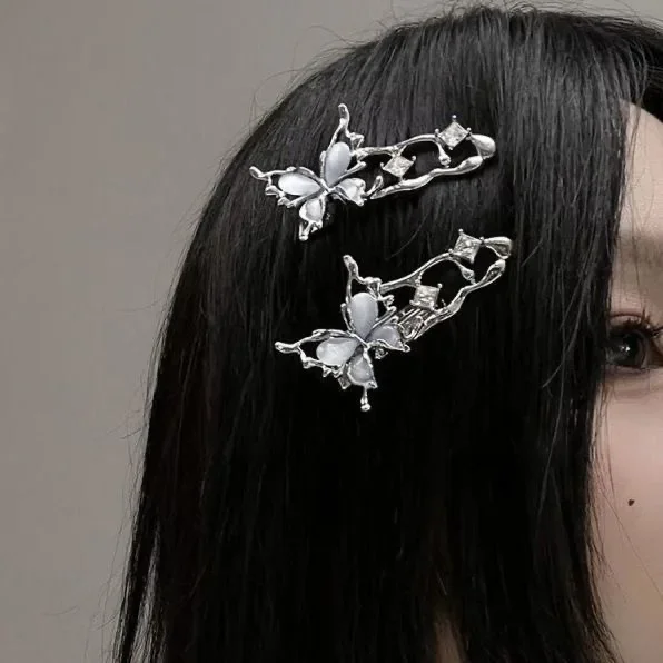 Liquid Metal Cat's Eye Butterfly Zircon Hairpin Headdress Trendy Design Girl Fashion Silver Bang Clip for Women Hair Accessories