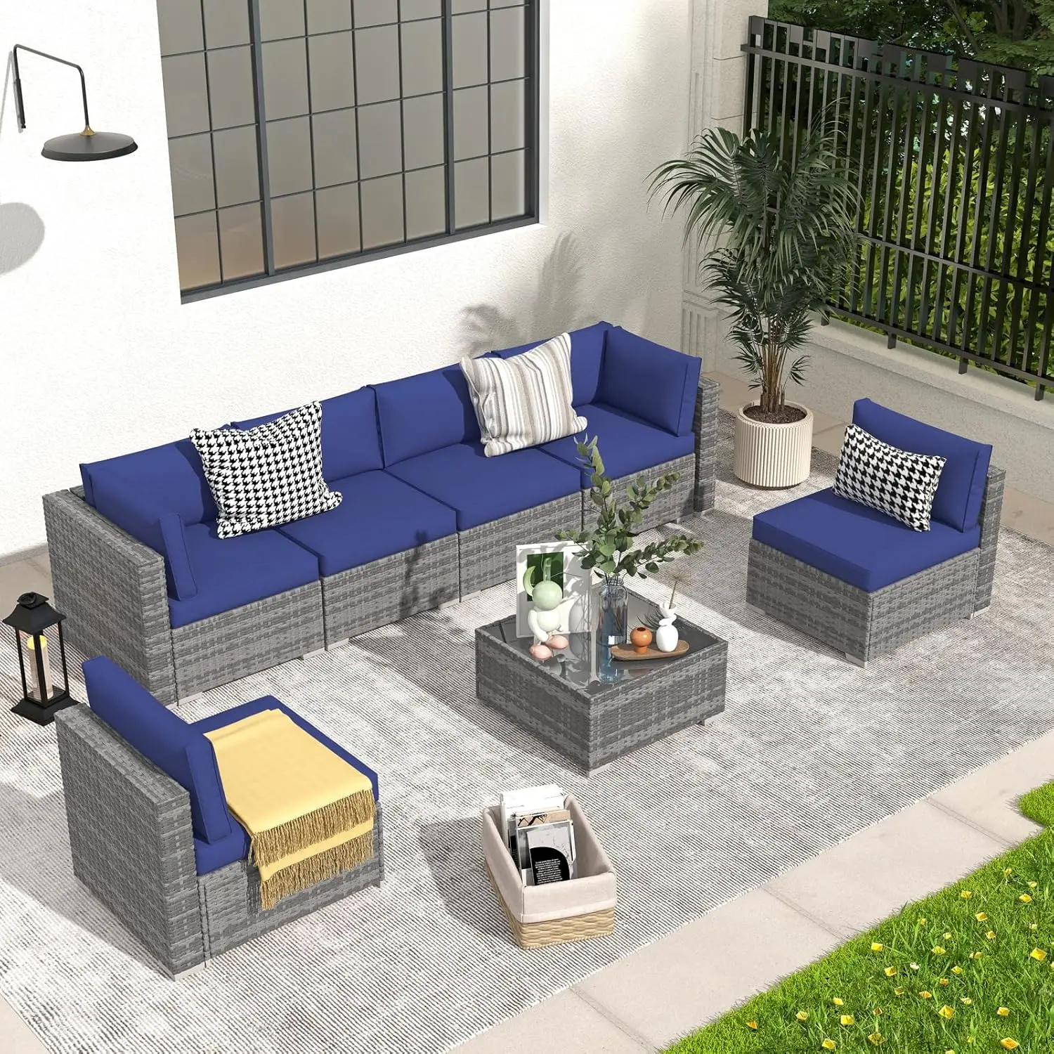 

7 PCS Outdoor Patio Furniture Set, All Weather PE Wicker Rattan Sectional Conversation Set with Glass Table, Seat Clips, Cushion