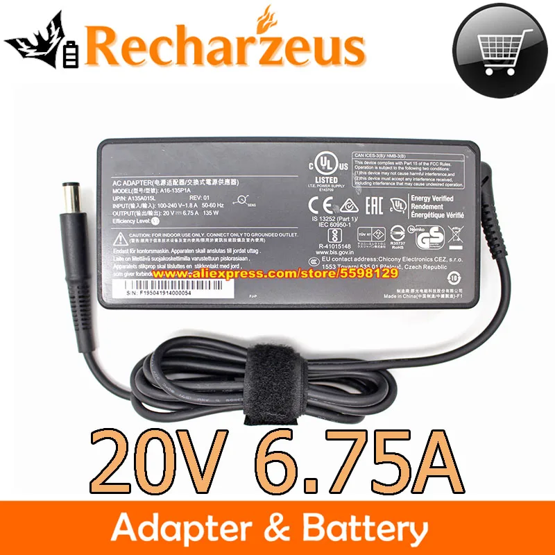 

Оригинальный адаптер питания для Chicony Φ A135A015L 20V 6.75A 135W зарядное устройство для THUNDERBOLT 3 DOCK SD4700P A16-135P1A