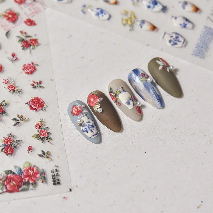 Chinese Style Vase Camellia Wisteria High Quality Nail Art Stickers Design Decoration Decals DIY Manicure T-3308