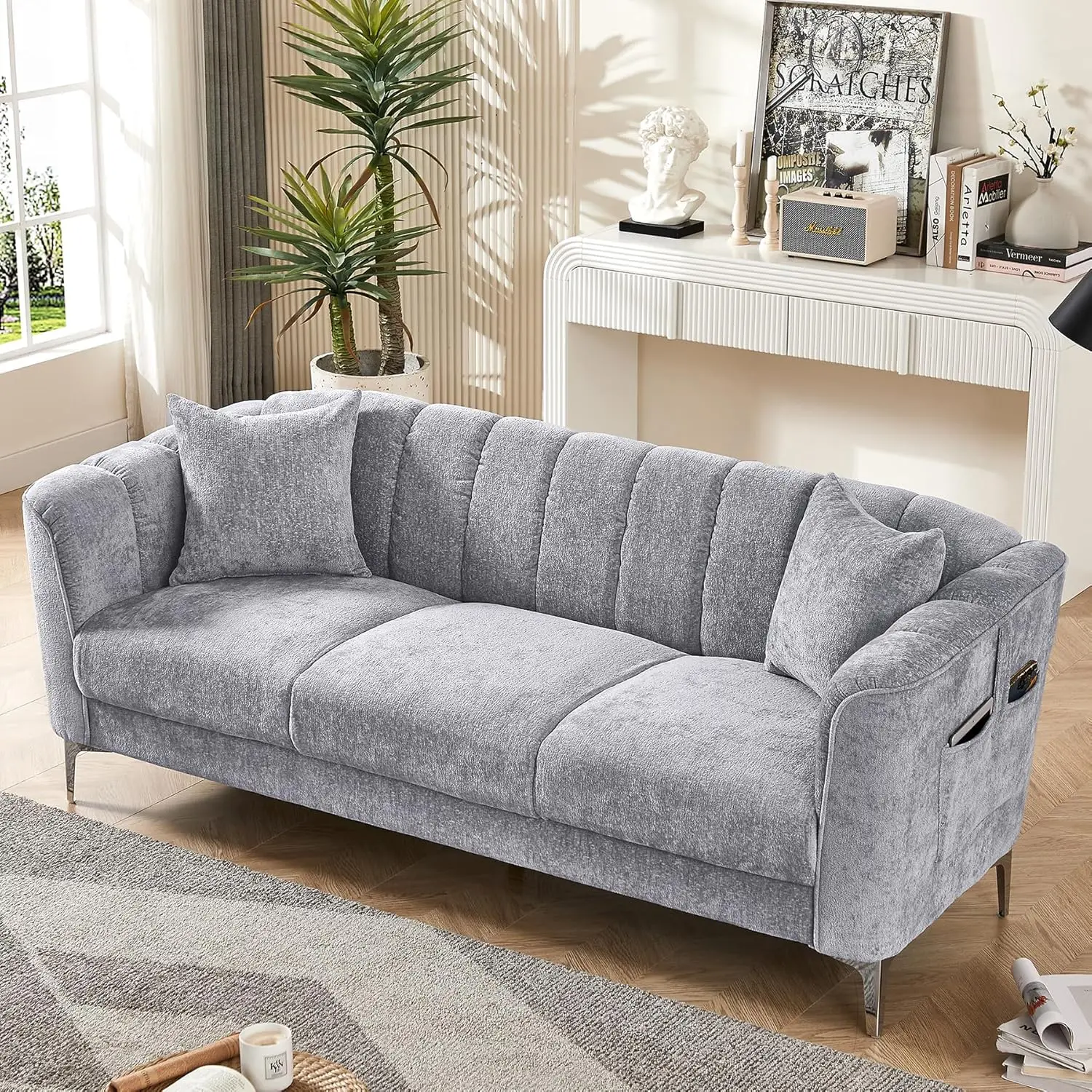 

77" Sofa, Modern Sofa Couch with Deep Seats, Comfy 3 Seater Sofa with 2 Throw Pillow and Pockets, Chenille Upholstered Sofa