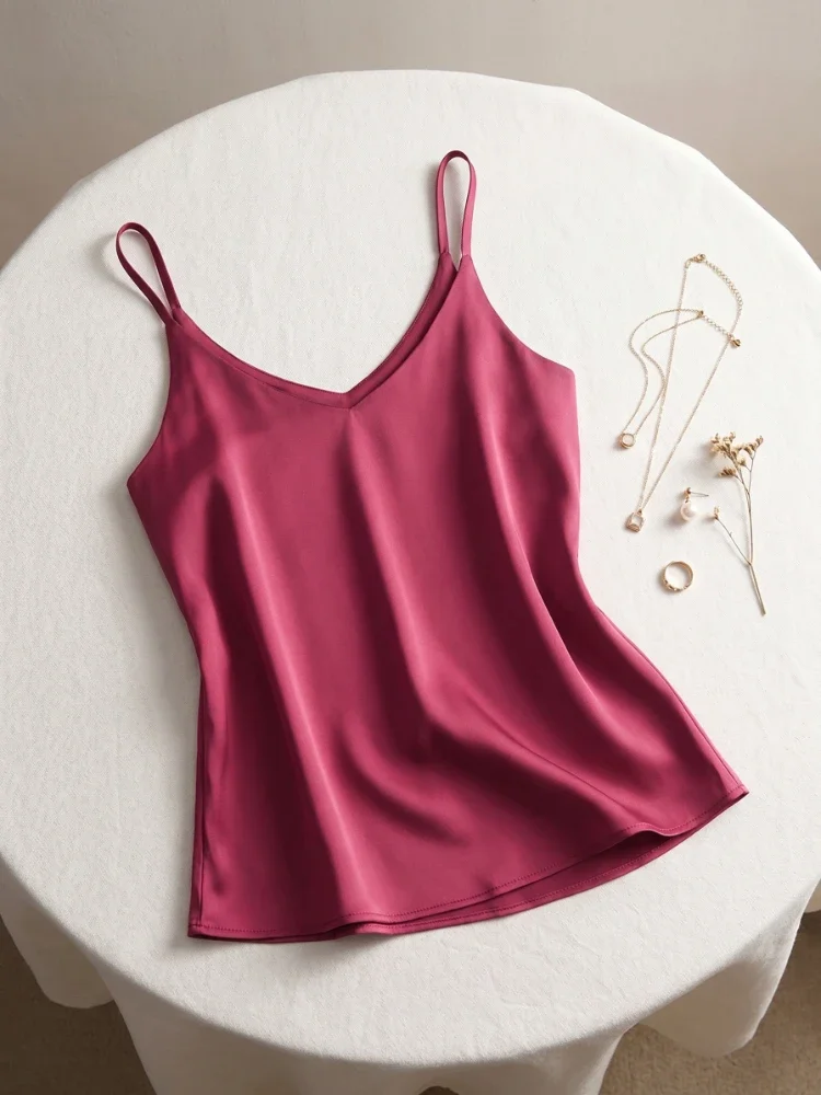 Damen Camisole 2026 Sommer Spaghetti-Träger Damen Tank Top Neckholder V-Ausschnitt Basic Weiß Cami Ärmellos Satin Seide Tops – Detail 7