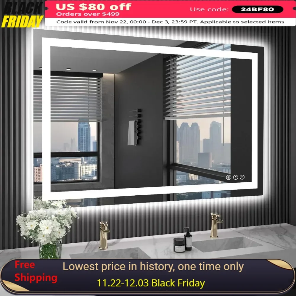 Bathroom Mirror, 40X32 LED Bathroom Mirror with Lights, Anti-Fog, Dimmable,Waterproof,Oversized Bathrooms Mirrors