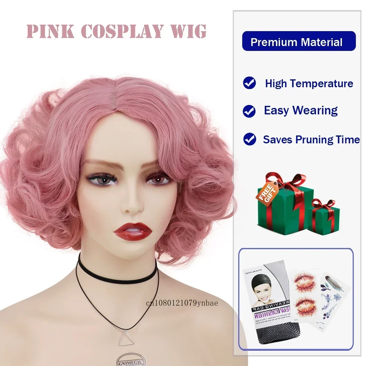 Pink Lolita Cosplay Synthetic Wig for Women Girls Short Big Wavy Curly Wigs Costume Party Halloween Christmas Natural Looking