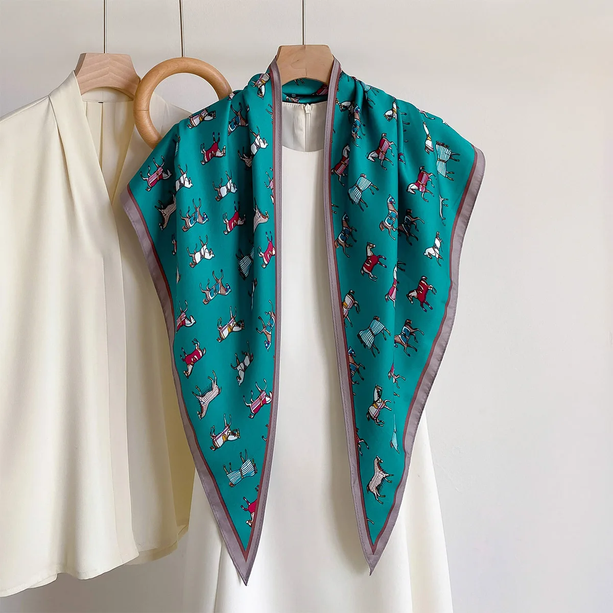 Soft New Satin Triangle Scarf Lovely Horse Print Multi Functional Ladies Neck Kerchief Fashion Foulard Head Wrap Bandana Shawl view 3