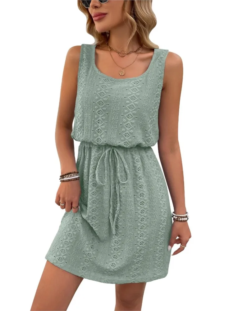 2025 été sans manches Mini robe femmes mode décontracté a-ligne cordon poche plage vacances couleur unie tricoté robes courtes