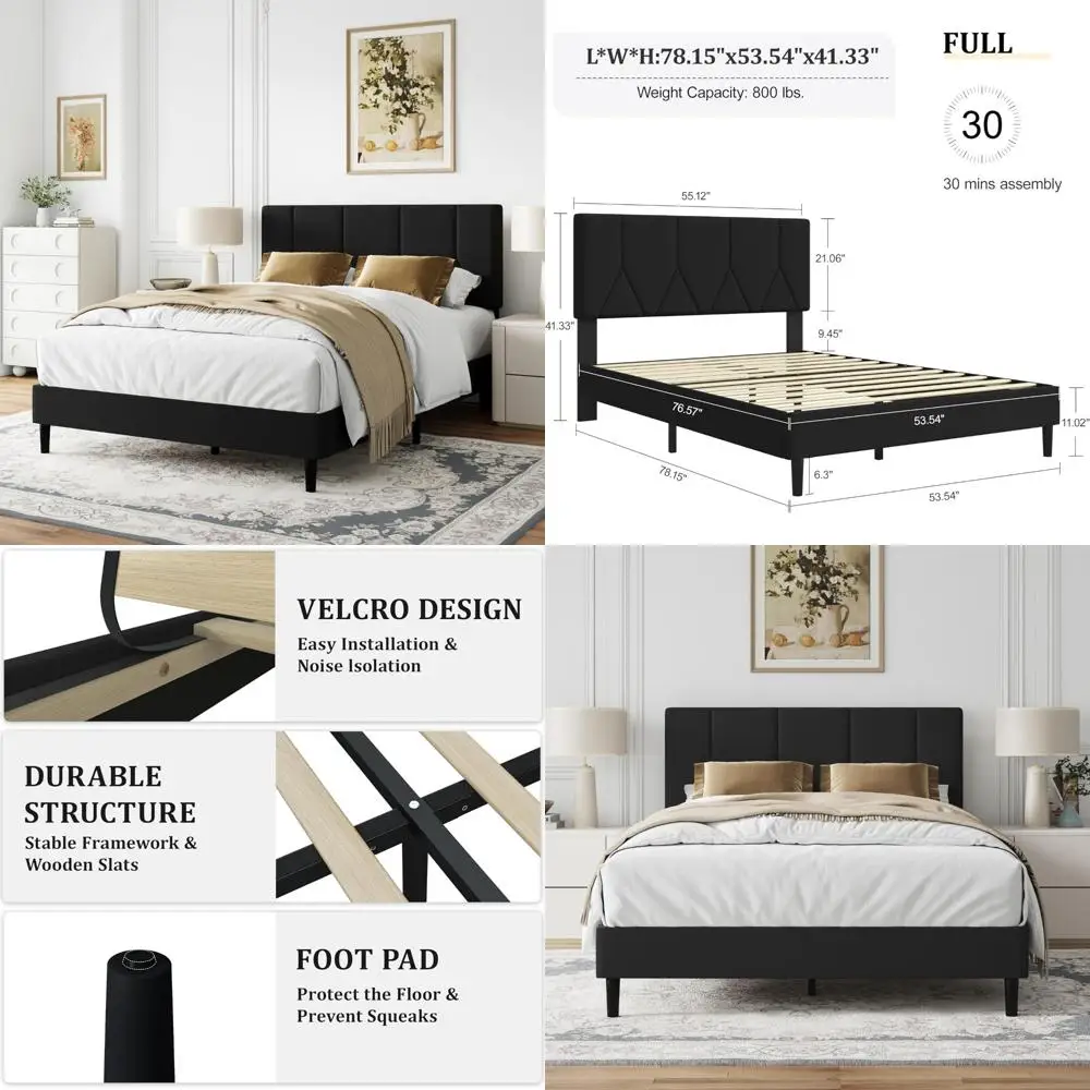

Velvet-Headboard Platform Bed Frame with Fully Upholstered Mattress Support