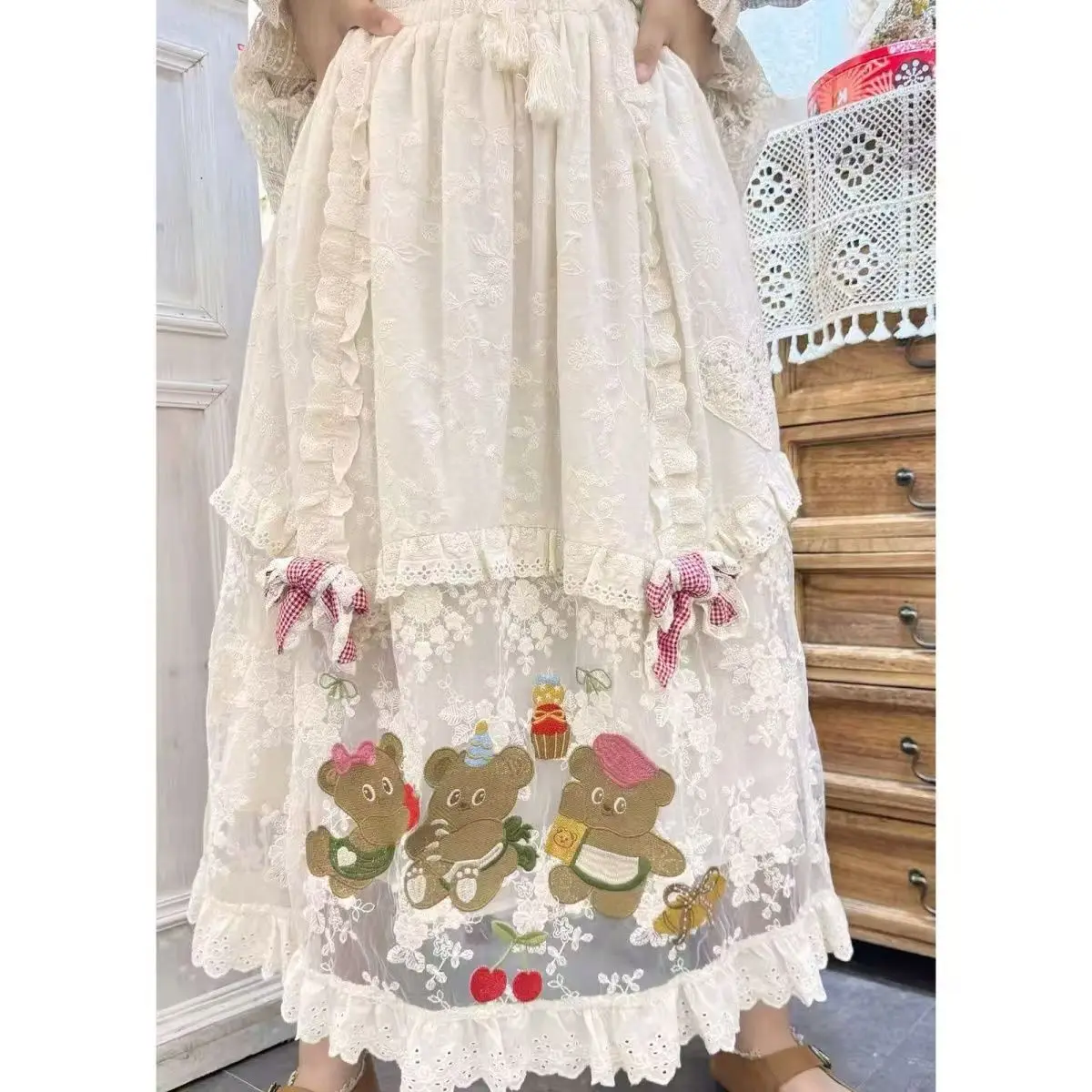 Japanese Style Cartoon Elastic Waist Embroidery Skirts Vintage Mori Kei Sweet Lace Cotton Lolita Long skirts