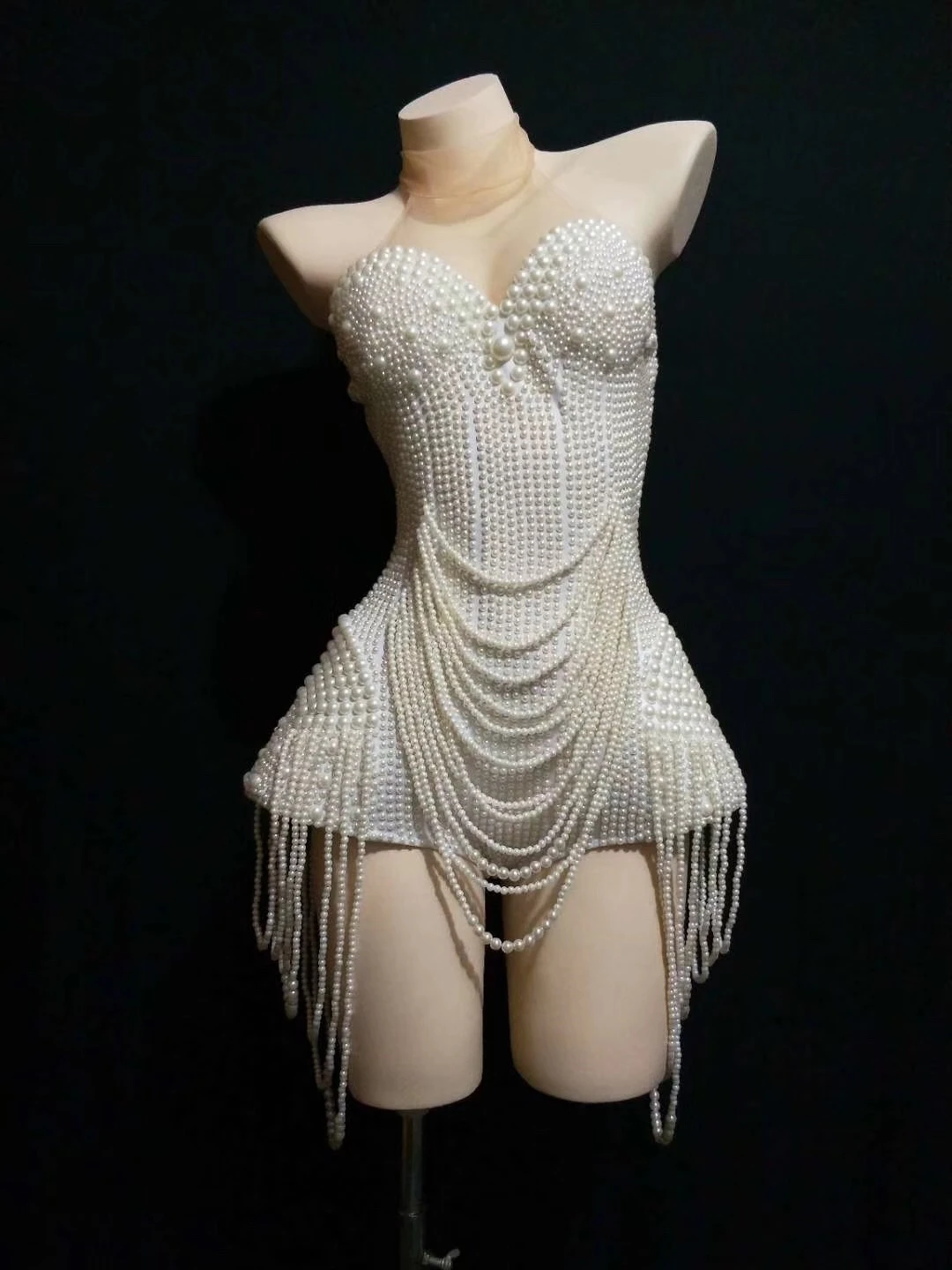 White Beaded Pearls Women Birthday Party Bodysuits Mesh Jumpsuits Nightclub Singer Dancer Performance Drag Queen Stage Wear