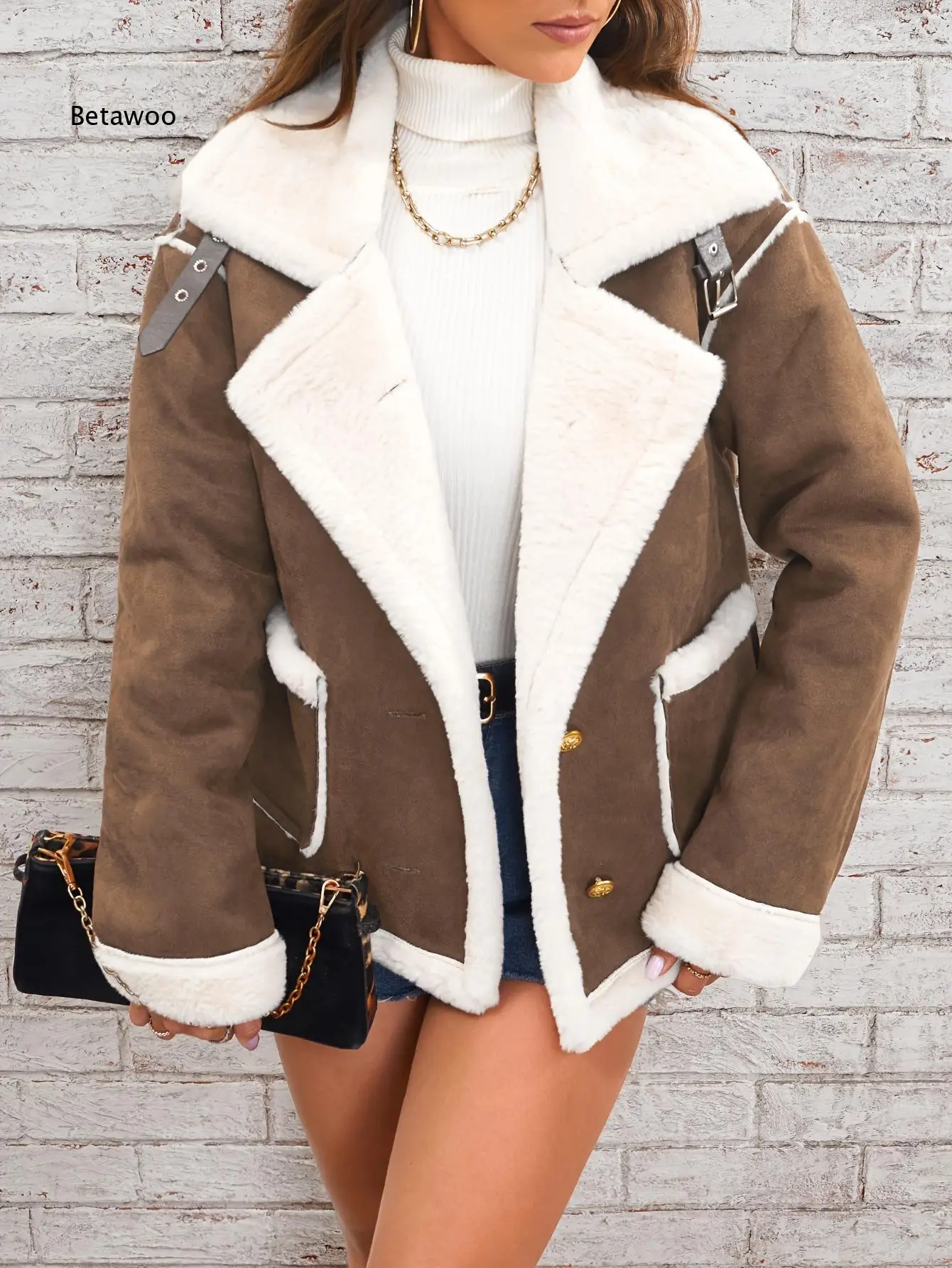 Short Shearling Lined Faux Suede Jacket For Women Lapel Collar Shoulder Buckle And Button Closure Thick Coat For Casual Matching
