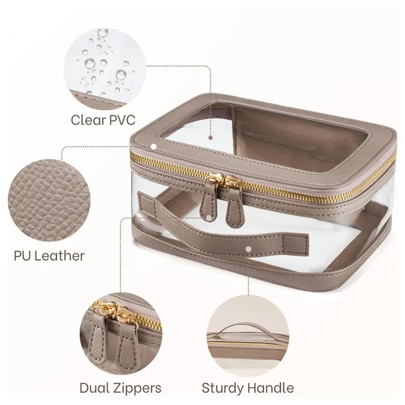 حقيبة مستحضرات التجميل ذات جودة عالية وسحابات مزدوجة شفافة من مادة PVC بثلاثة أحجام بنمط الليتشي
