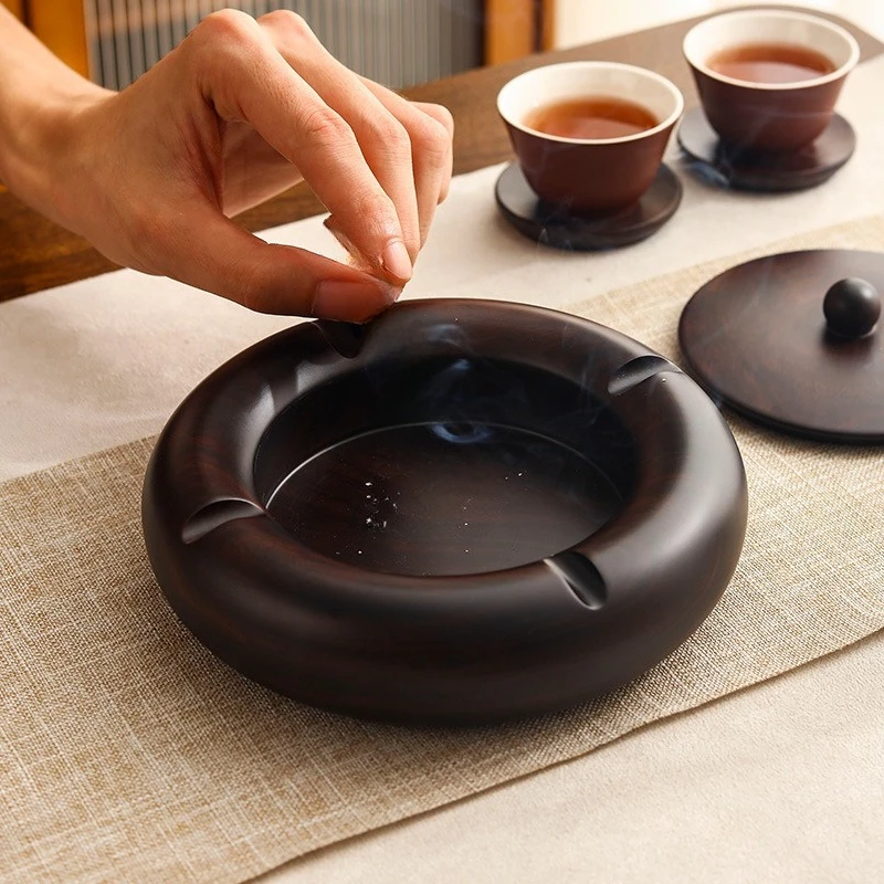 Large Solid Wood Ashtray without Lid, Chinese Vintage Style, Home Living Room Decorative Piece