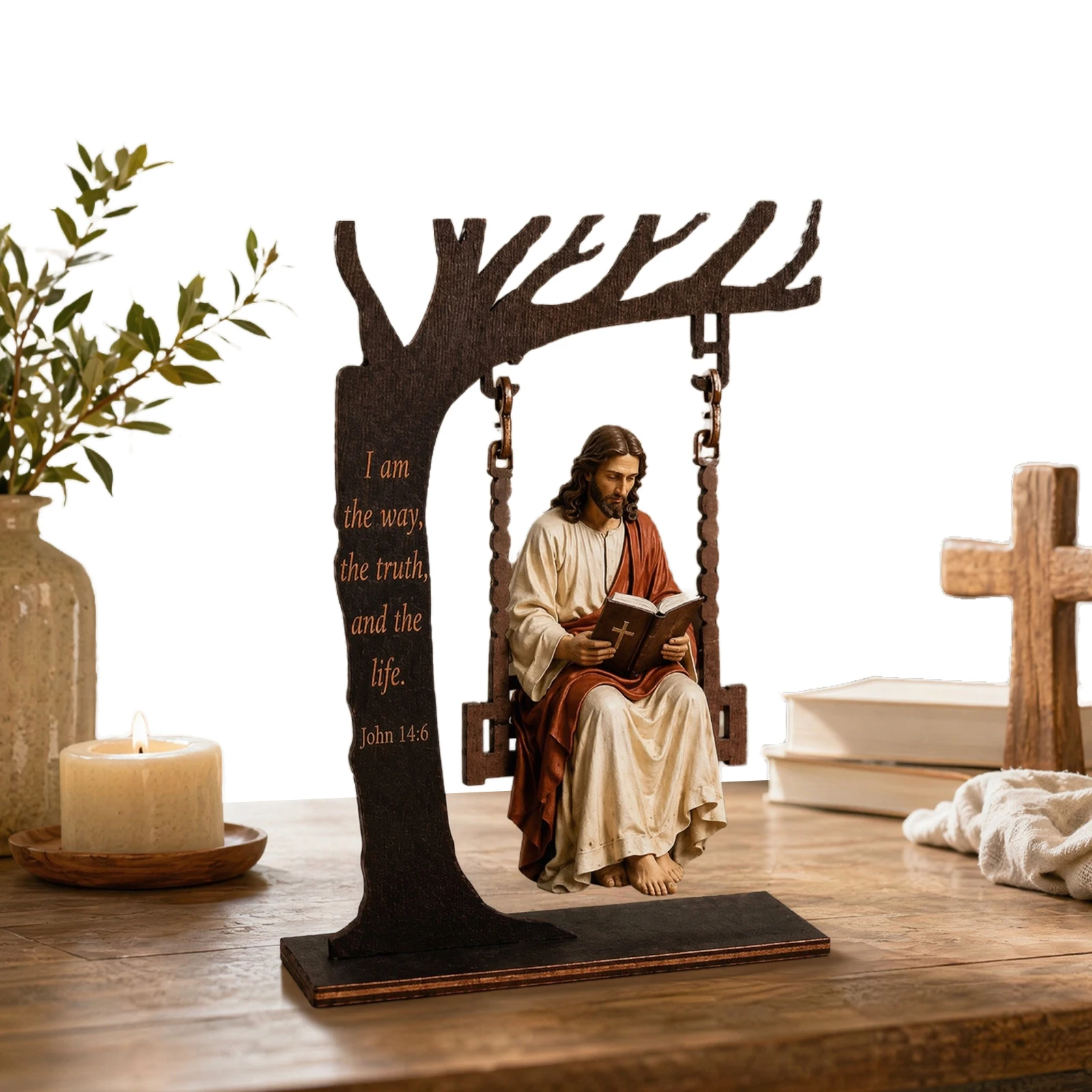 Wooden Christian Jesus Swing Ornament Multi-Purpose Jesus on Swinging Wooden Figurine for Home Living Room Church Decors