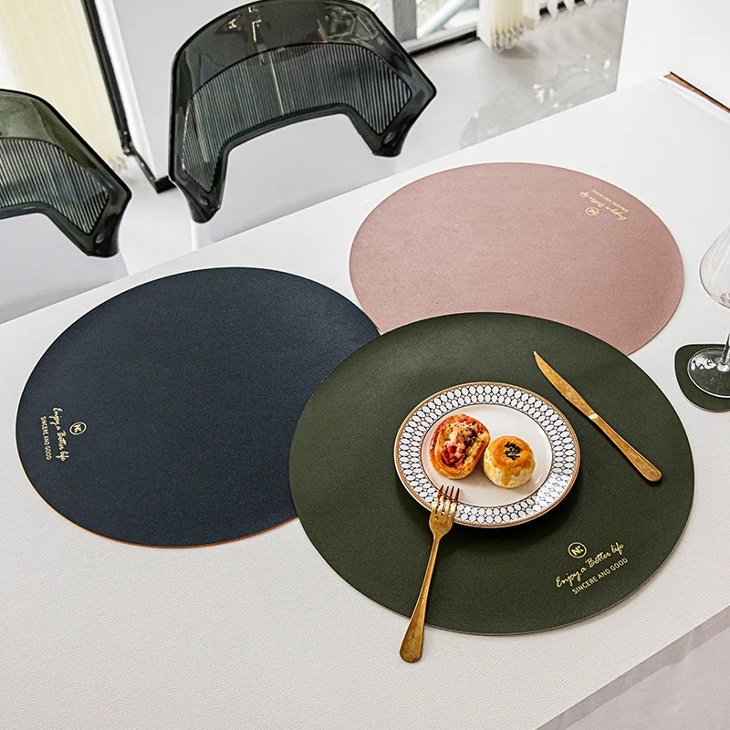 Monochrome Double-sided Round Bronzing Placemat, Waterproof and Oil-proof, Household PU Leather