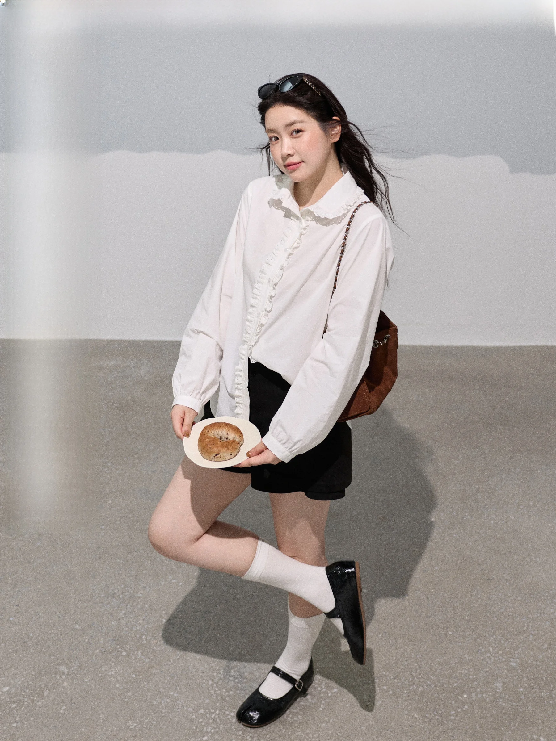 

Jiu Workop "Amber Time" Sweet Overweight Doll Collar 3D Lace irt plus Size Top Cotton Pure Long Sve Button Closure