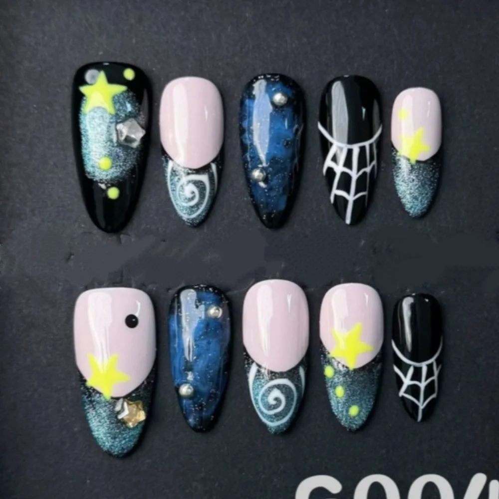 10st Amandel Handgemaakte Nepnagels Sets Zomer Strass Parel Gradiënt Roze Valse Nagelkunst Wearable Druk op Nagels Tips Manicure