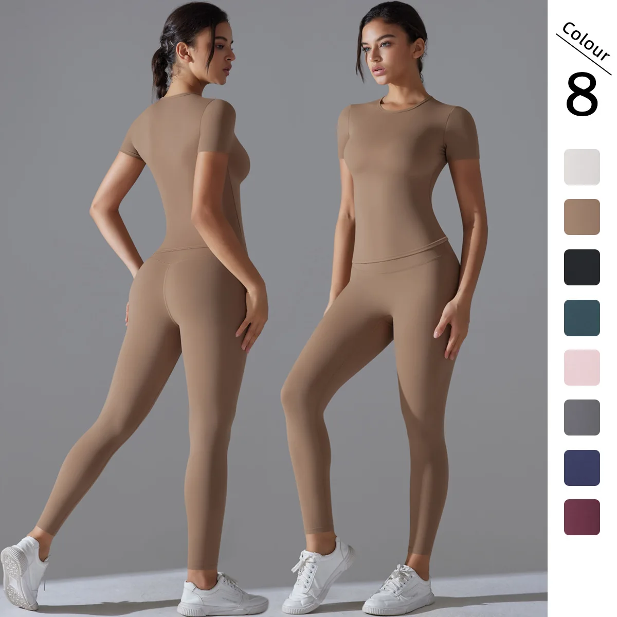 Conjunto de Yoga para mujer, conjunto de entrenamiento, ropa deportiva, ropa de gimnasio, pantalones cortos de Fitness, Top corto de manga, mallas de cintura alta, trajes deportivos