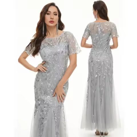 Elegant Gray Sequined Evening Gown with Short Sleeves Formal Party Dress Fishtail Tulle Dresses for Women