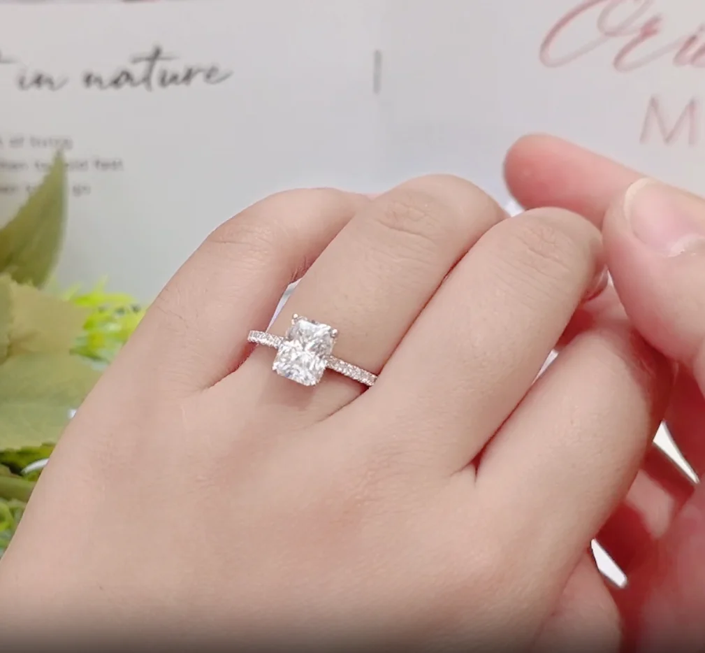 

RAPRGOLD 7x9 3.0CT Rectangular Moissanite Half Eternity Ring for Women Real S925 Sterling Silver Wedding Rings Fine Jewelry Gift