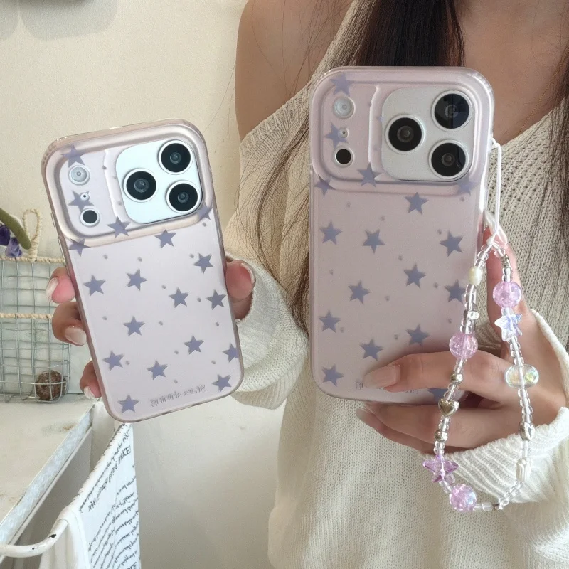 Korean Cute Star Phone Case For iPhone 17 Pro 16 15 14 Pro Max Cover with Chain Shockproof Kawaii Cases For Apple 16 Promax Capa