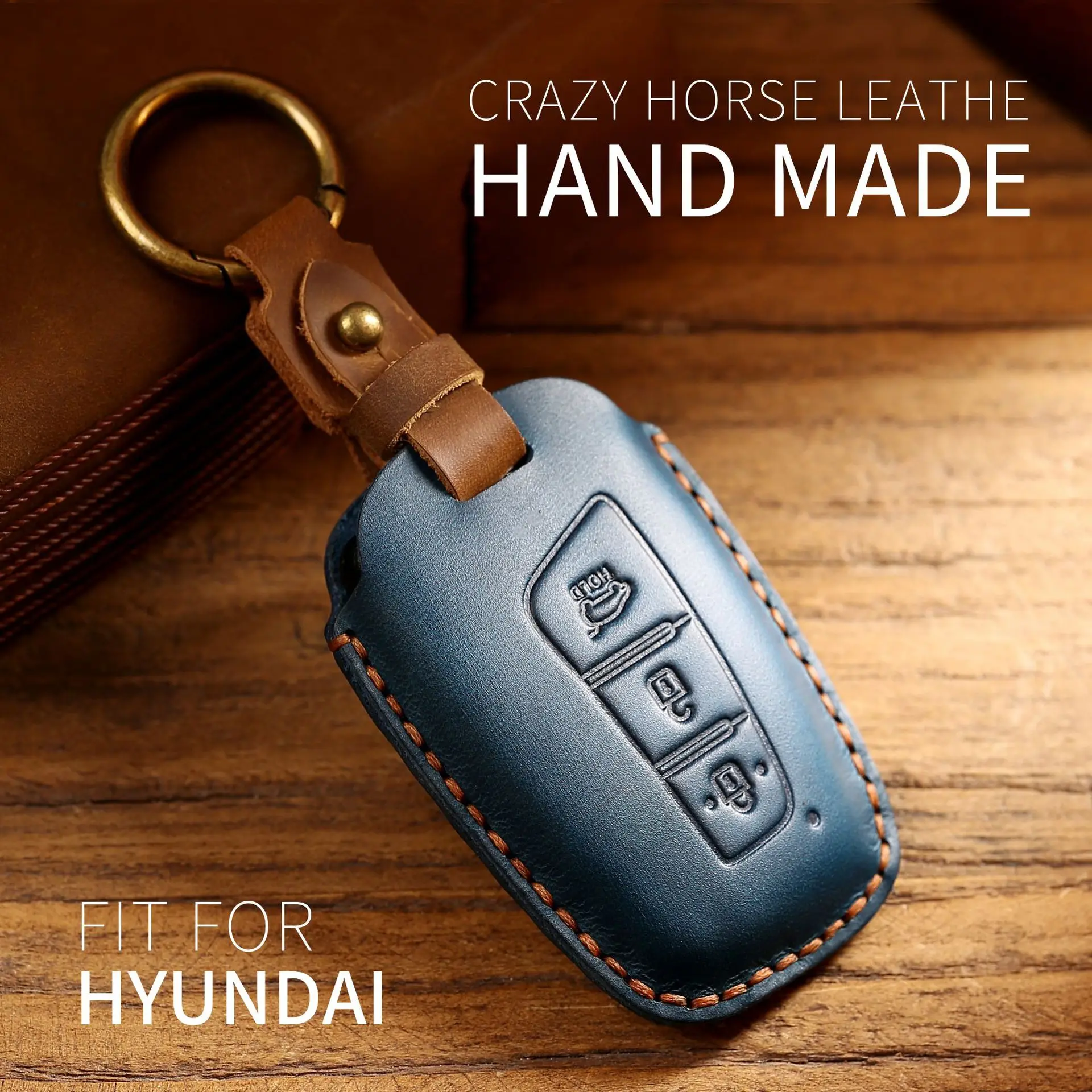 Car Handmade Leather Key Case Holder For Hyundai Grand Santa Fe 3 DM IX45 IX35 Genesis DH Grandeur Azera HG Equus 2013 2014