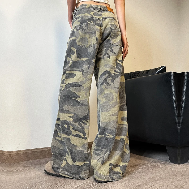 Green Camouflage Womens Jeans High Waist Vintage Straight Baggy Y2K Denim Pants Hip Hop American Fashion Wide Leg Denim Trouser