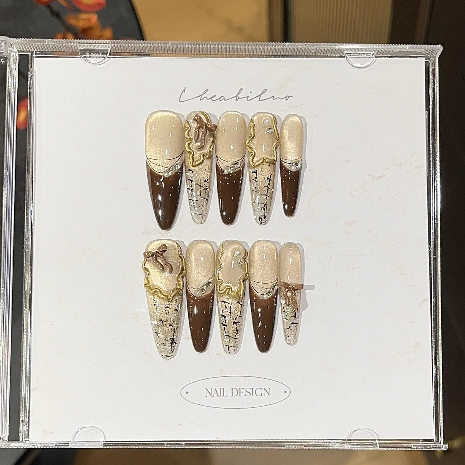 10 قطعة الصحافة الاكريليك اليدوية على الأظافر الرجعية الباروك خطوط مرآة سحرية مسحوق القط العين مزاجه الفرنسية يرتدي أظافر صناعية #3