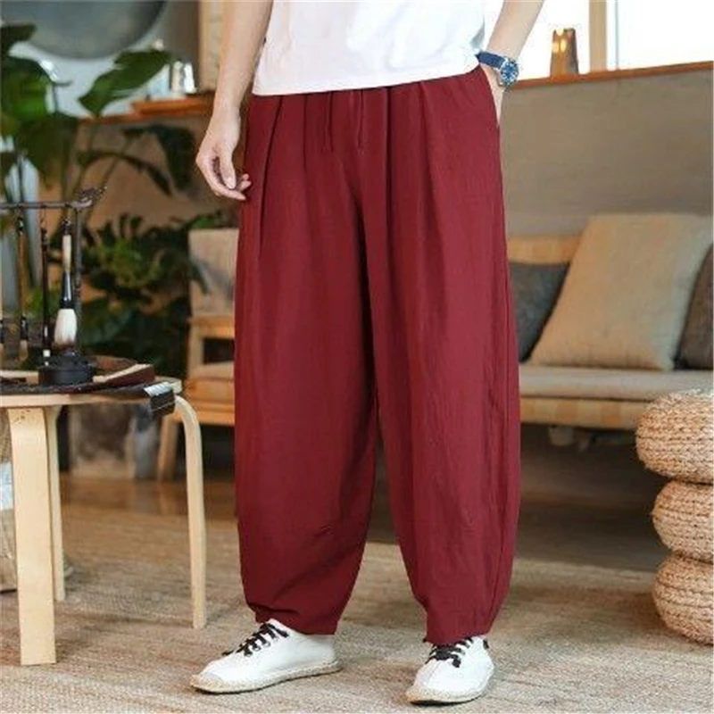 Men Clothes Summer Baggy Hippie Cotton Linen Harem Pants Y2K Male Streetwear Solid Wide Leg Trousers Retro Drawstring Pantalones