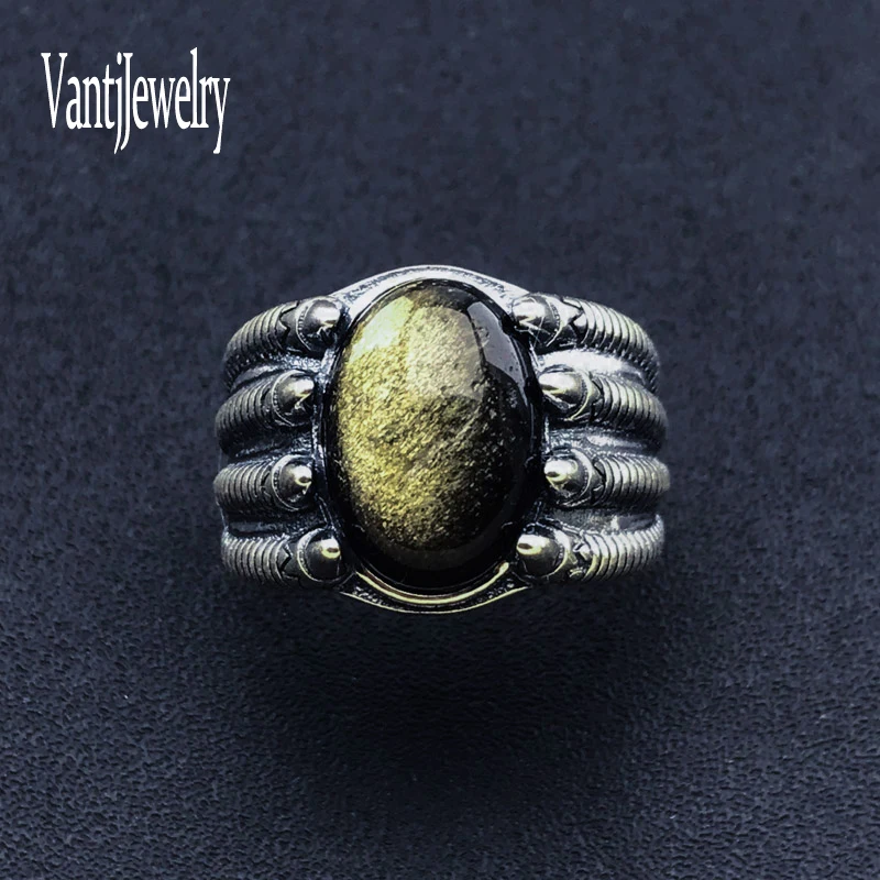 

Vintage Thai Silver Rings 925 Sterling Natural Obsidian Gemstone Oval 10*14mm for Women Man Party Jewelry Gift