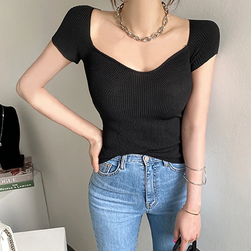 Knit T Shirts Women Sexy Square Collar Short Sleeve Slim Stretchy Tshirt Crop Top 2022 Summer Tees For Lady