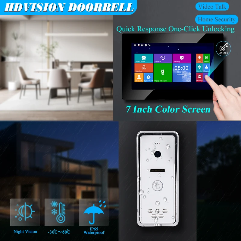 

Security Doorbell IP Wired Doorbell Intercom System 7 Inch Full Touch Screen 2MP HD 1080P Camera for Home HD Cameras