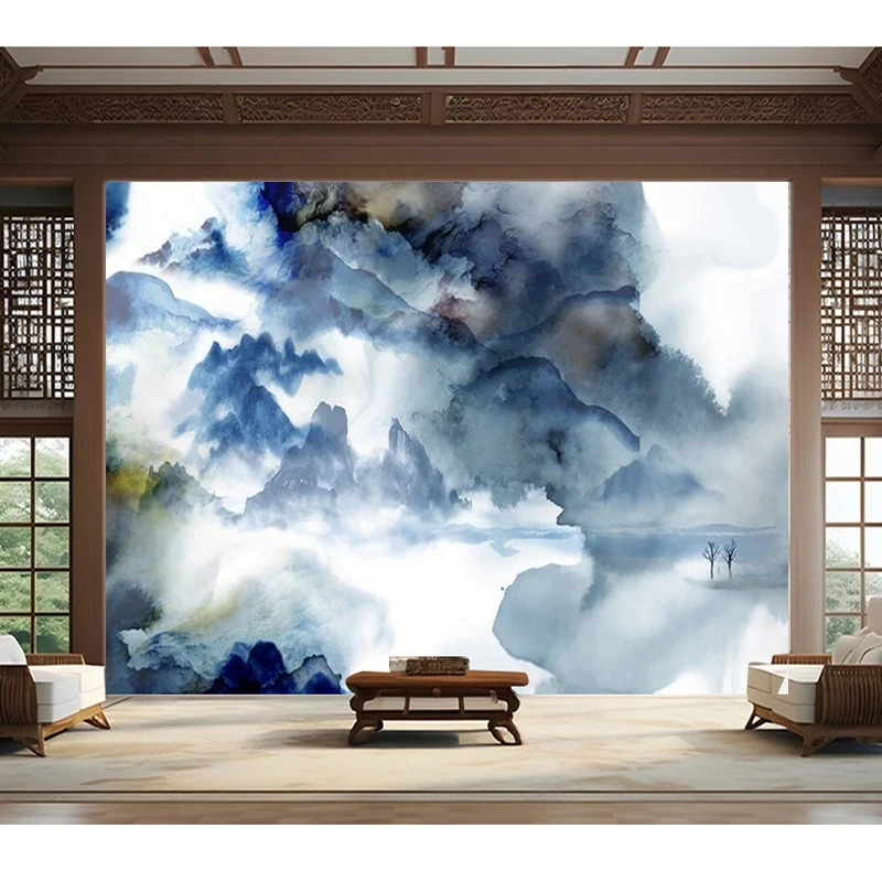 Modern Aesthetic Blue ink-Wash Landscape Abstract Art Hand-Drawn Atmosphere Dreamy And Luxurious Hotel Decoration Wall Sticker