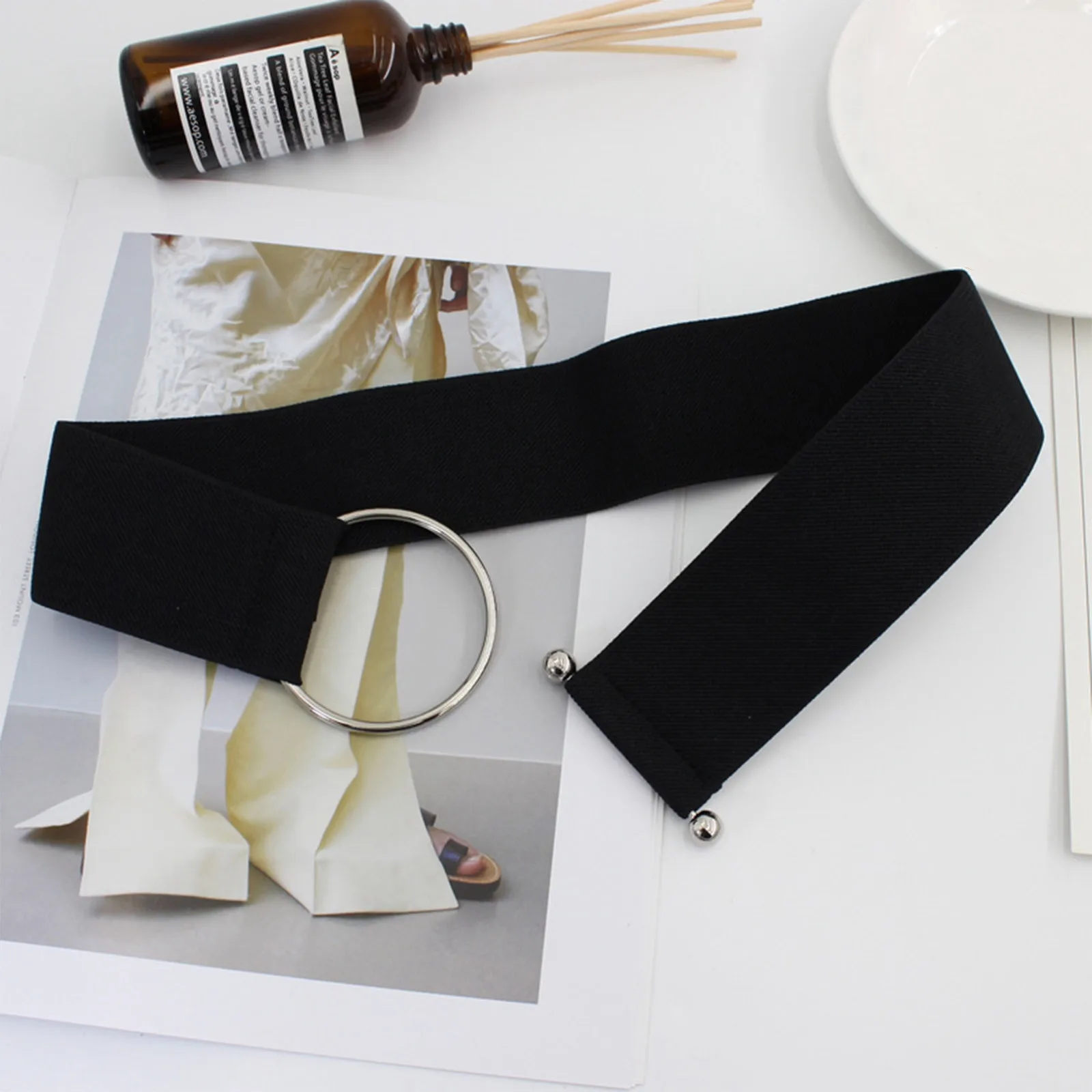 Elastische riem met metalen ringgesp – Koreaanse styling decoratieve tailleband voor dames 5 cm elastiek voor truijurken en rokken