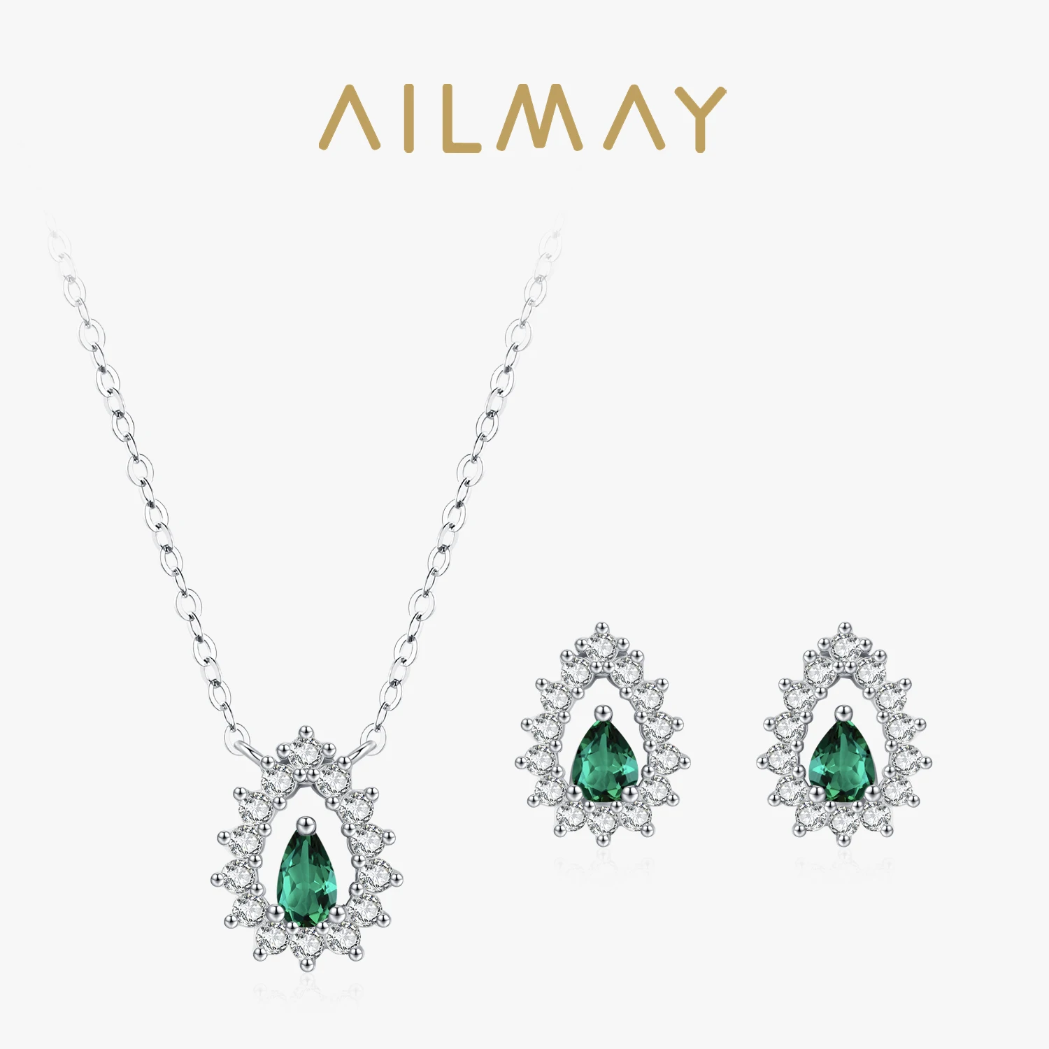 

Ailmay 925 Sterling Silver Luxury Water Drop with Green Zircon Pendant Necklace Earrings for Women Jewelry Sets Party Gift
