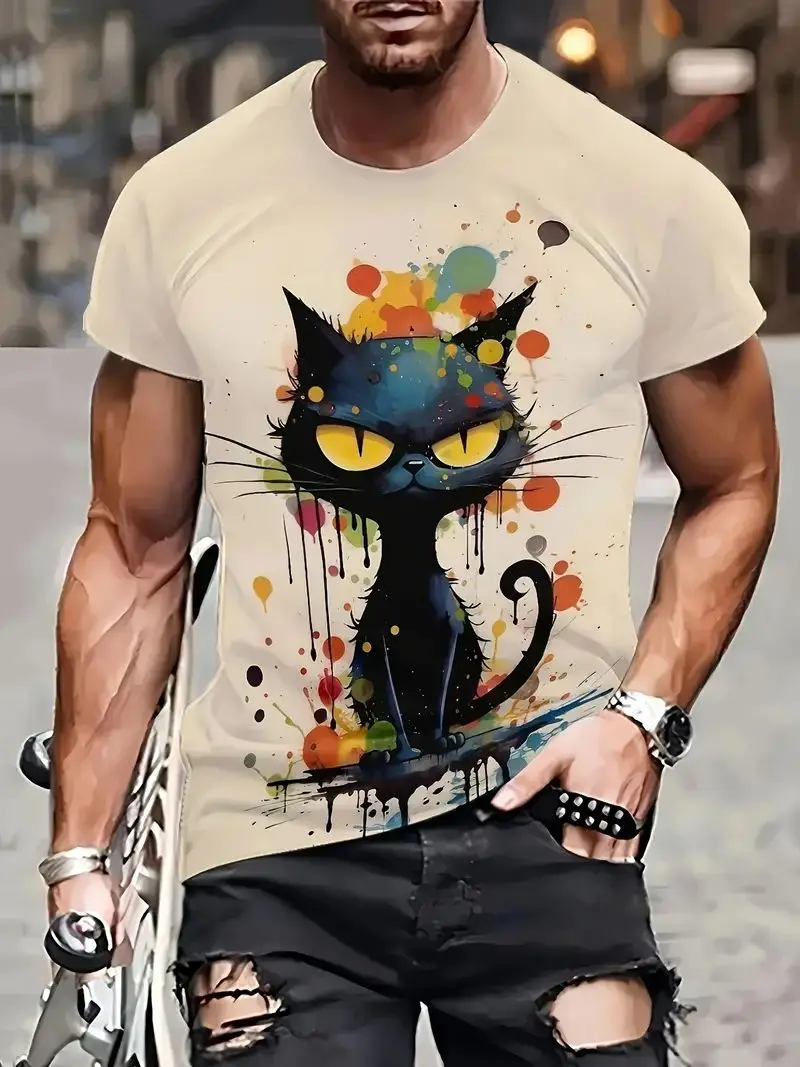 Summer Men's T Shirt Short Sleeve Animal Print Casual O-Neck Oversized Pullover Fashion Streetwear Male Clothing Cat T-Shirts